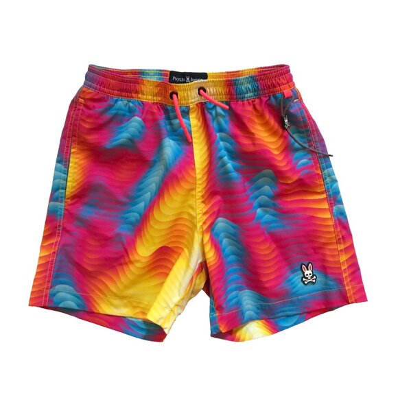 Psycho Bunny Print Shorts Swim Trunks Boys 10 12 Medium Blue Pink Tie Dye 4.5" - Picture 1 of 11